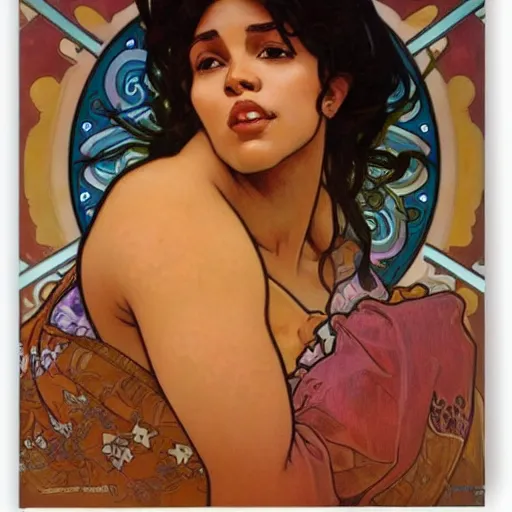 Image similar to upper body portrait, brown skinned woman, artgerm, alphonse mucha