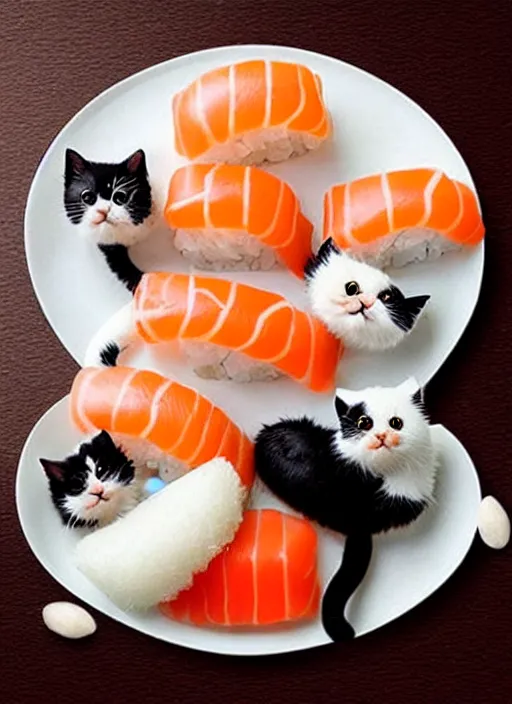 Image similar to clear photorealistic picture of adorable cats made out of sushi