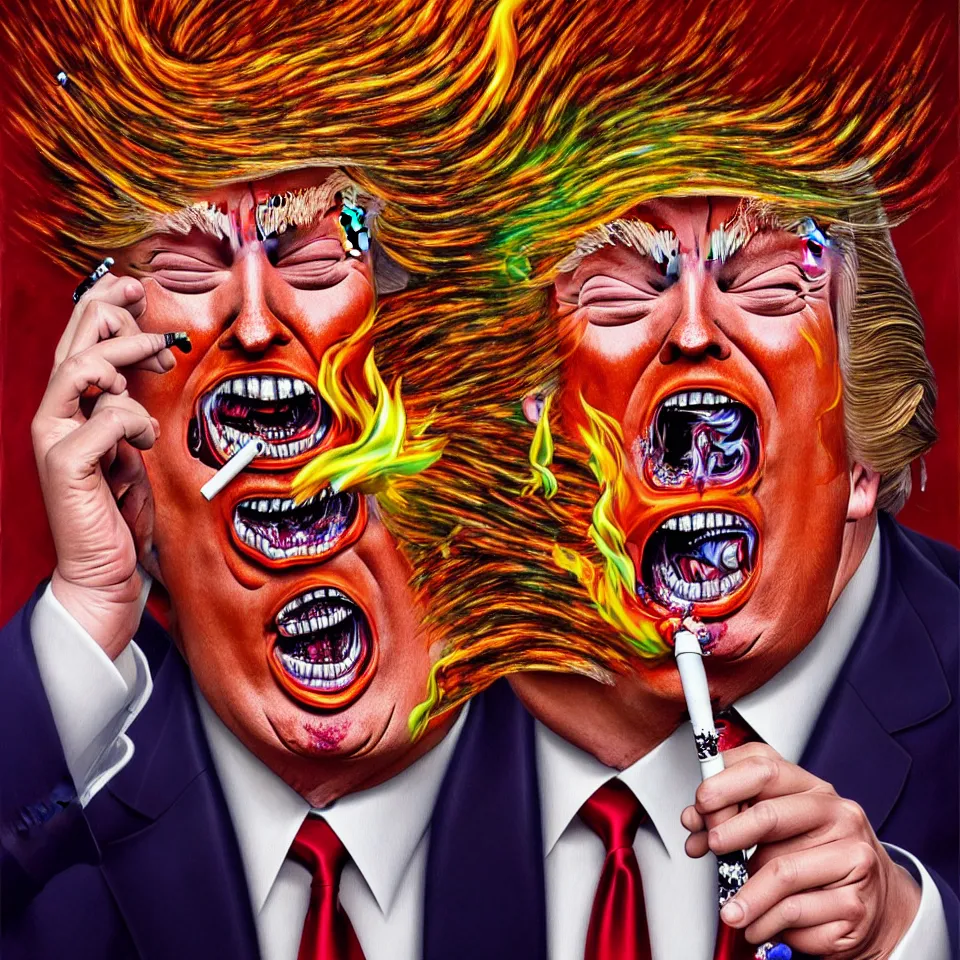 Image similar to weird and disturbing psychedelic donald trump smoking weed, laughing and screaming, ash burned on his face, horrible burns, diffuse lighting, fantasy, intricate, elegant, highly detailed, lifelike, photorealistic, oil painting, illustration, concept art, smooth, sharp focus, art by francis bacon