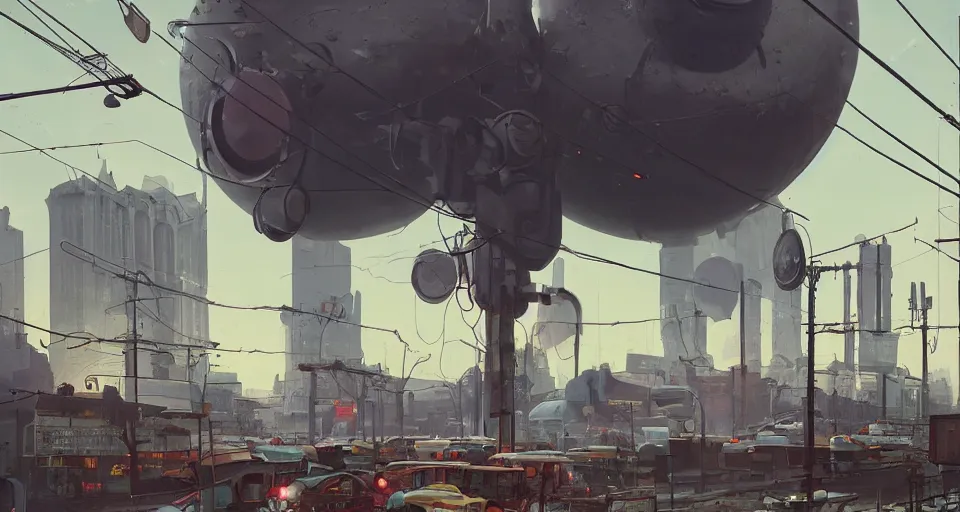 Image similar to A 1950s city scene with a giant Mecha EYEBALL looming overhead, rendered by simon stålenhag, rendered by Beeple, Makoto Shinkai, syd meade, environment concept, digital art, unreal engine, 3 point perspective, WLOP, trending on artstation, low level, 4K UHD image, octane render,