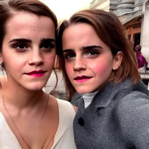 Image similar to a selfie of emma watson with thanos