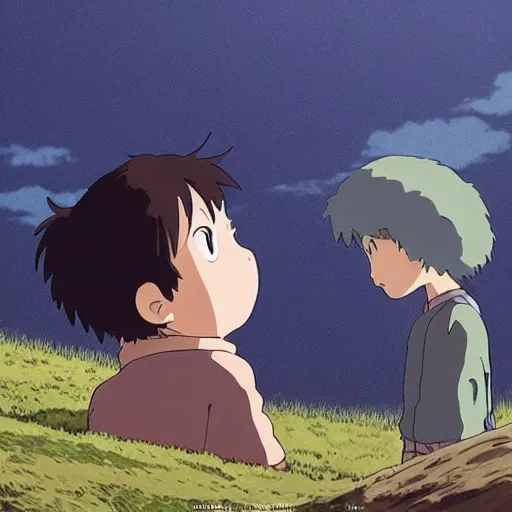 Prompt: kind guy and small friendly creature looking at each other, made by Studio Ghibli detailed art, beautiful scene, , sharp focus, smooth,