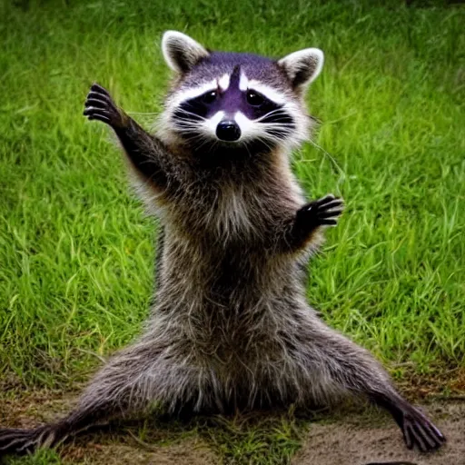 Prompt: a realistic photo of a raccoon dabbing