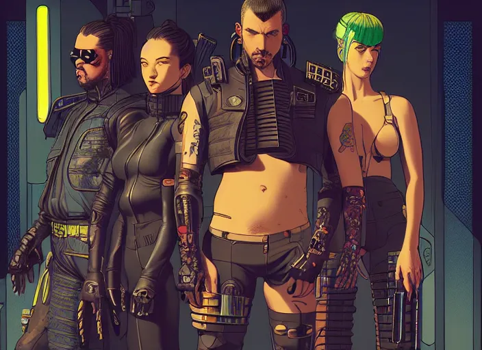 Image similar to cyberpunk samurai team. portrait by stonehouse and mœbius and will eisner and gil elvgren and pixar. character design. realistic proportions. cyberpunk 2 0 7 7 character art, blade runner 2 0 4 9 concept art. cel shading. attractive face. thick lines. the team. diverse characters. artstationhq.