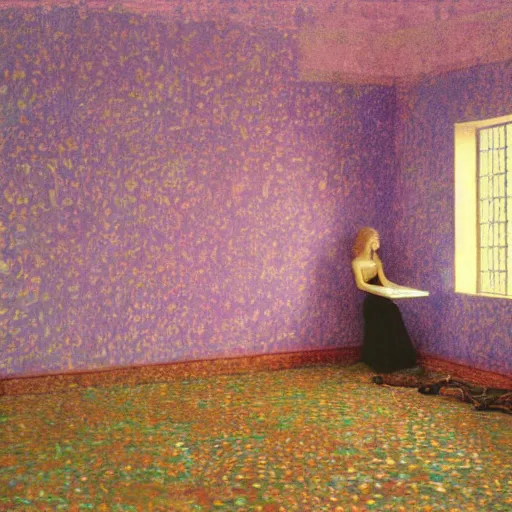 Image similar to a lonely girl in an abandoned room, film still by wes anderson, depicted by klimt, limited color palette, very intricate, art nouveau, highly detailed, lights by hopper, soft pastel colors, minimalist