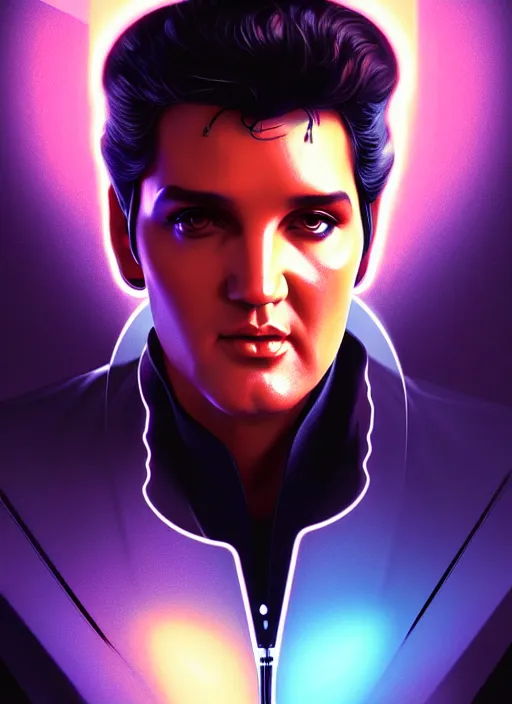 Image similar to symmetry!! portrait of elvis presley, sci - fi, tech wear, glowing lights!! intricate, elegant, highly detailed, digital painting, artstation, concept art, smooth, sharp focus, illustration, art by artgerm and greg rutkowski and alphonse mucha