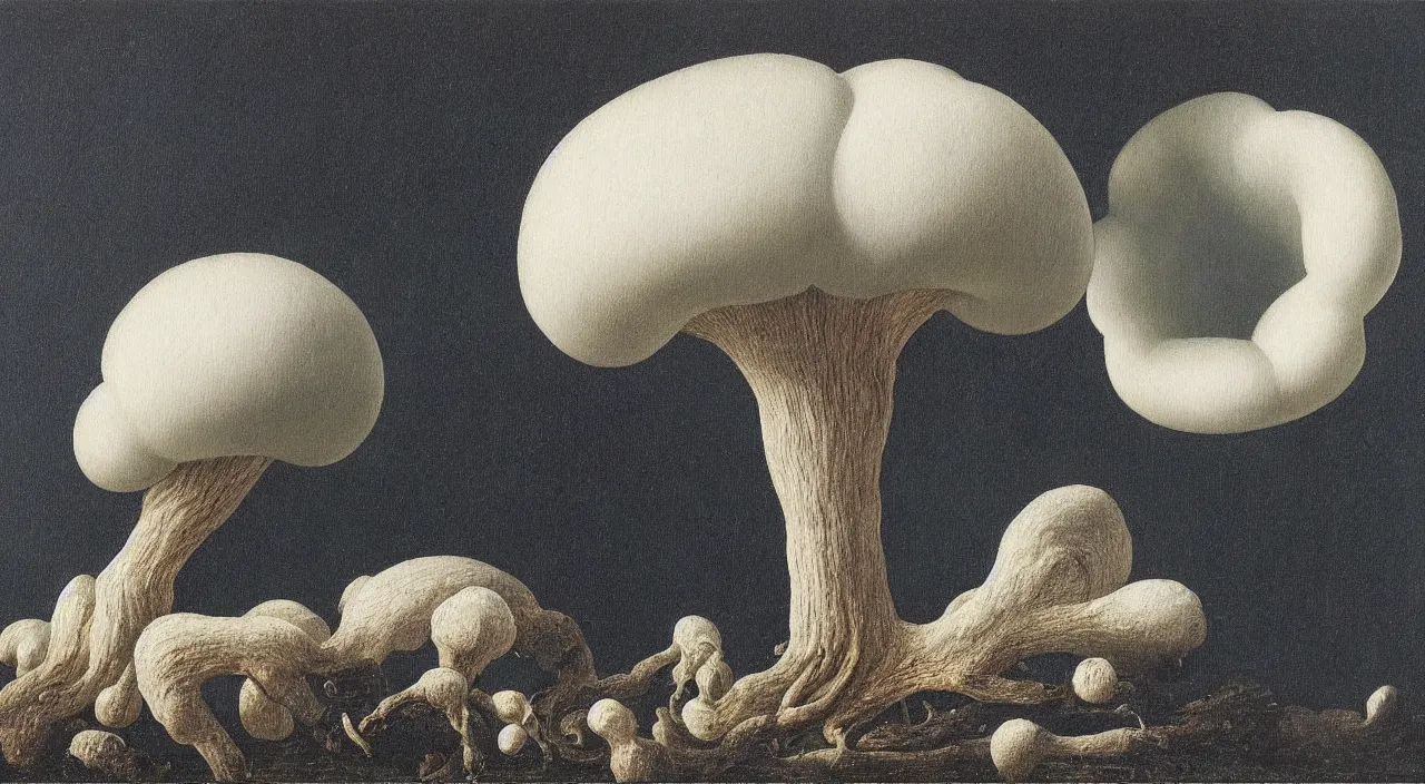 Prompt: one single! fungus in empty! white void, a high contrast!! ultradetailed photorealistic painting by jan van eyck, audubon, rene magritte, agnes pelton, max ernst, walton ford, hard lighting, masterpiece