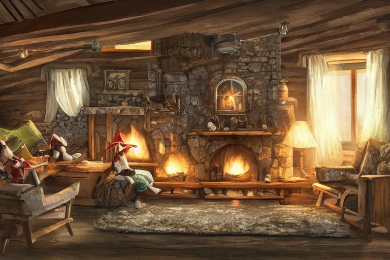 Image similar to wooden cottage, living room, elves sitting on the couch, high - tech devices, traditional fireplace, concept art