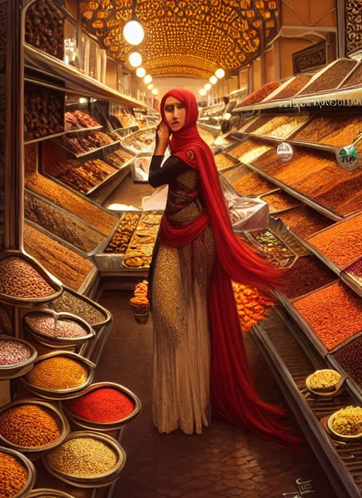 Image similar to a young arabian lady shopping at a desert spice market at night, shiny, fantasy, intricate, elegant, hyper detailed, ultra definition, photoreal, artstation, unreal engine rendered, concept art, smooth, sharp focus, illustration, art by artgerm and greg rutkowski and alphonse mucha and garis edelweiss