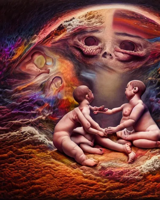 Image similar to realistic scene of a creation of first human baby, psychedelic, dark art, facing camera, photo realistic, detailed, 1 4 5 0, delicate, hyper realism, ultra realistic, 8 k