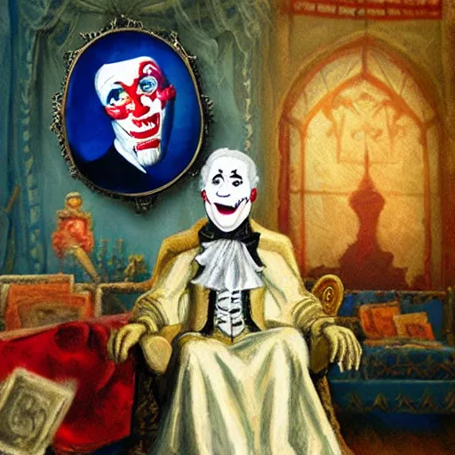 Prompt: a vampire sitting on a throne in his castle during the american revolution. he is surrounded by paintings and is wearing a bright clown emoji mask. character design by john and ai