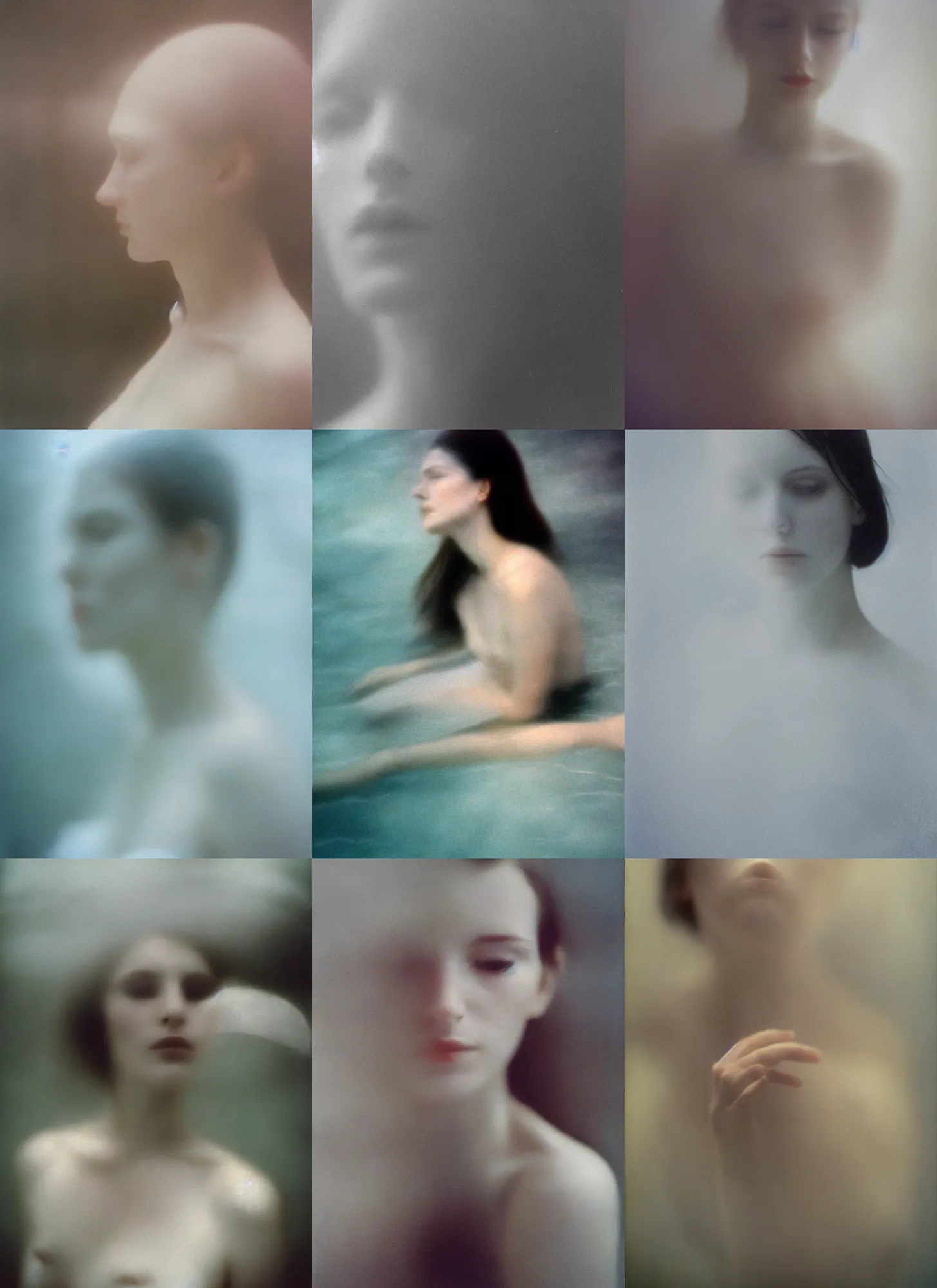 Prompt: underwater out of focus photorealistic portrait of a beautiful aesthetic pale woman by saul leiter, very blurry, translucent white skin, closed eyes, foggy