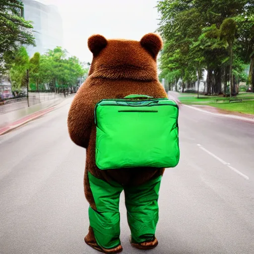 Prompt: big realistic bear standing on two legs, wearing huge green bag at his bac, square backpack, photo realistic, high detail, smooth, white sign on bag