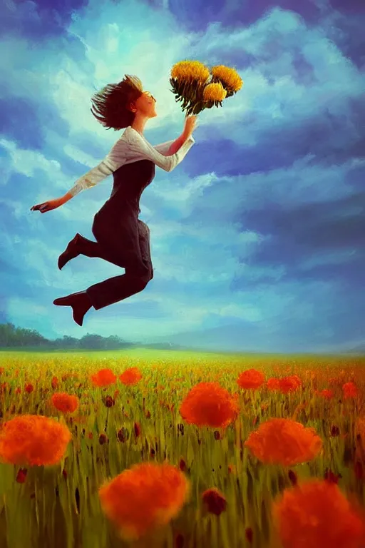 Image similar to closeup, giant flower head, girl in suit jumping in field of flowers, surreal photography, sunrise, blue sky, dramatic light, impressionist painting, digital painting, artstation, simon stalenhag