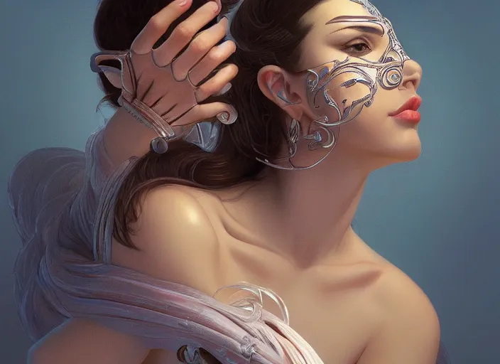 Image similar to masked, perfectly-centered-Portrait of the most beautiful woman on the planet , intricate, highly detailed, artstation, concept art, concept render, octane, redshift, renderman, CGI, vray, smooth, sharp focus, illustration,award-winning, Unreal Engine 5, 8K, art by artgerm and greg rutkowski and alphonse mucha