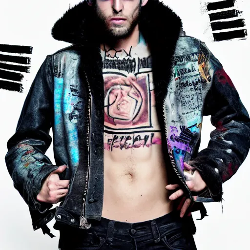 Image similar to an editorial photo of a male model wearing a distressed baggy cropped leather menswear jacket with graffiti all over, 4 k, studio lighting
