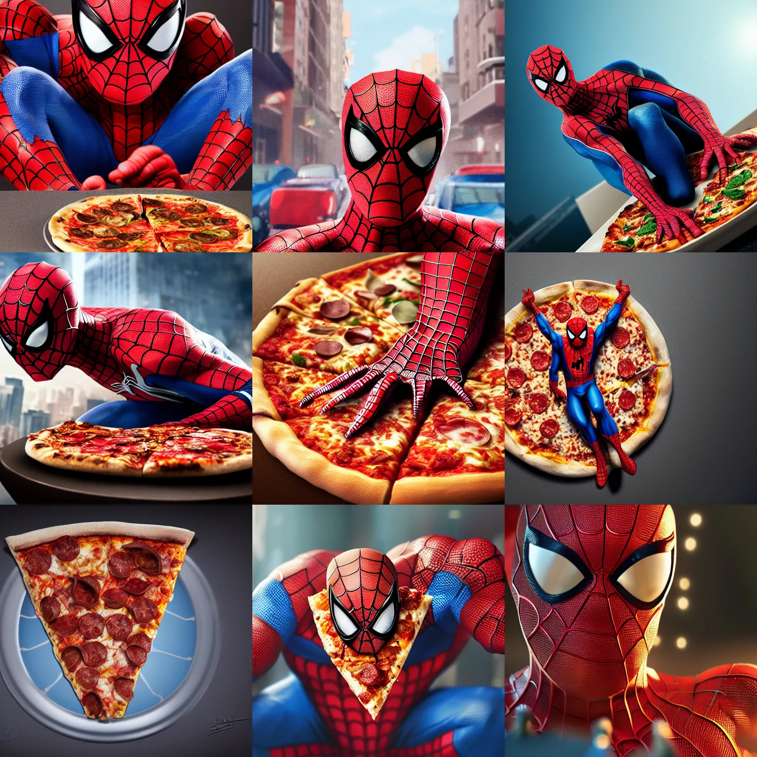 Prompt: spiderman eating pizza nematic, hyper realism, high detail, octane render, 8k, depth of field, bokeh, vibrant