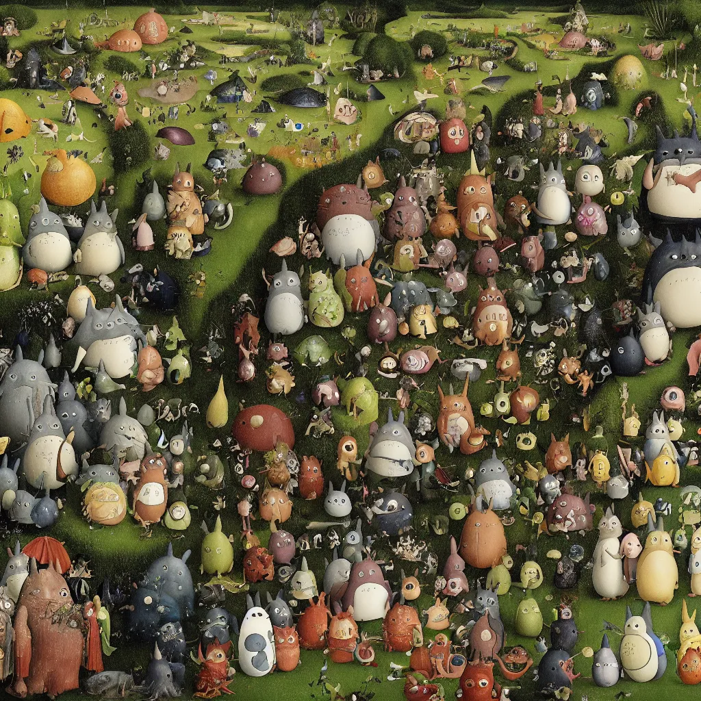 Prompt: detail of garden of earthly delights by studio ghibli. totoro. digital painting. digital render. hieronymus bosch