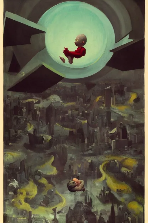 Image similar to evil human giant baby in a diaper, grows up to the sky, destroys the city under his feet, hauntingly surreal, highly detailed painting by francis bacon, edward hopper, adrian ghenie, gerhard richter, and james jean soft light 4 k,
