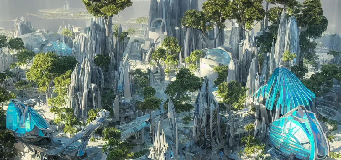 Prompt: highly detailed futuristic architecture by Frank Lloyd Wright and Antoni Gaudí, reflective lighting, holographic, stylized vegetation, ground-level view, puddles of turquoise water, foggy atmosphere, stunning sunny lighting, sunrise, vivid colors, in the style of pixar animation, trending on Artstation, 8k, matte painting, ray tracing, hyper detailed, unreal engine 5, cinematic, epic lighting, cryengine, octane render, cyberpunk, red and orange glow, vibrant