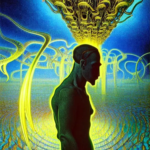 Image similar to realistic extremely detailed portrait painting of a glowing male silhouette, futuristic sci-fi landscape on background by Jean Delville, Amano, Yves Tanguy, Alphonse Mucha, Ernst Haeckel, Edward Robert Hughes, Roger Dean, rich moody colours, blue eyes