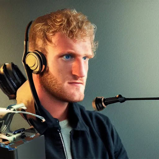 Image similar to Logan Paul giving a podcast On the radio with wolverine , artstation, Greg rutkowski, cinematic, digital Art