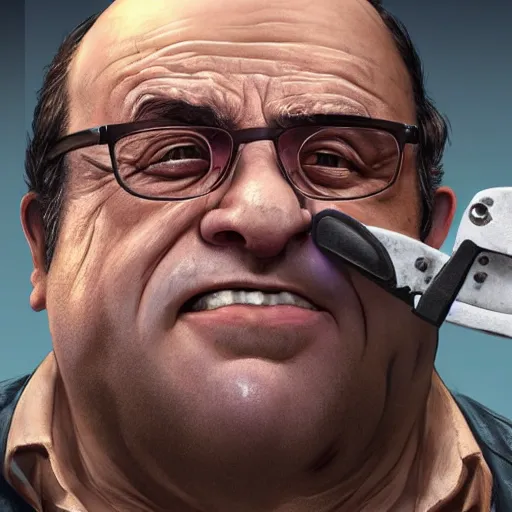 Image similar to hyperrealistic mixed media image of danny devito holding a chainsaw in gta v, stunning 3 d render inspired art by xiang duan and thomas eakes and greg rutkowski, perfect facial symmetry, hyper realistic texture, realistic, highly detailed attributes and atmosphere, dim volumetric cinematic lighting, 8 k octane detailed render, post - processing, masterpiece,