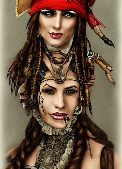 Prompt: a drawing of a woman wearing a pirate costume, a character portrait by Steve Argyle, featured on deviantart, modern european ink painting, steampunk, detailed painting, airbrush art