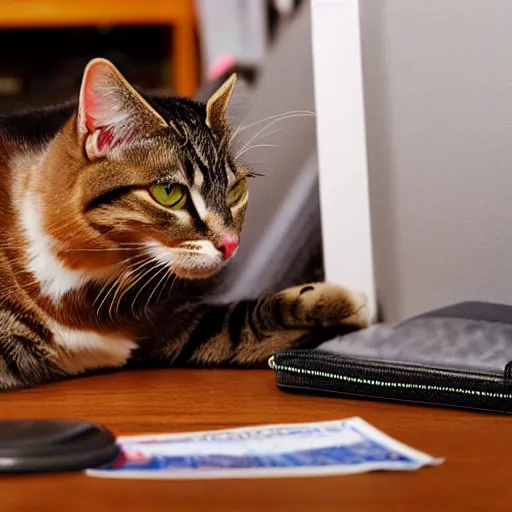 Image similar to stock footage, cat stealing a wallet