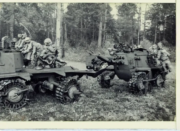 Prompt: found polaroid picture of a world war two 2 legs mech war machine and us soldiers