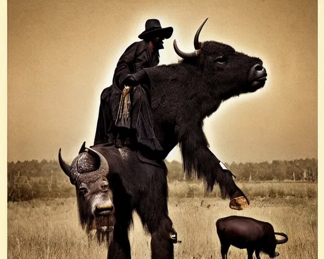 Image similar to incredible strange evocative artwork of buffalo hunters, buffalo midnight, l in the style of tim walker fashion photography, legend of buffalo hunters