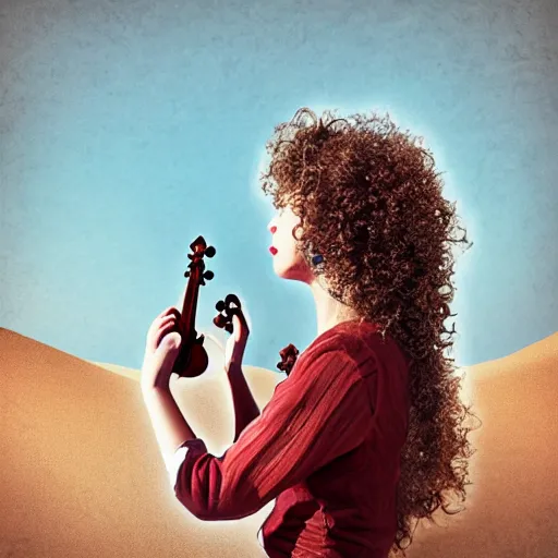 Image similar to curly haired girl wearing dress playing the violin in desert, digital art, ultra realistic, illustration