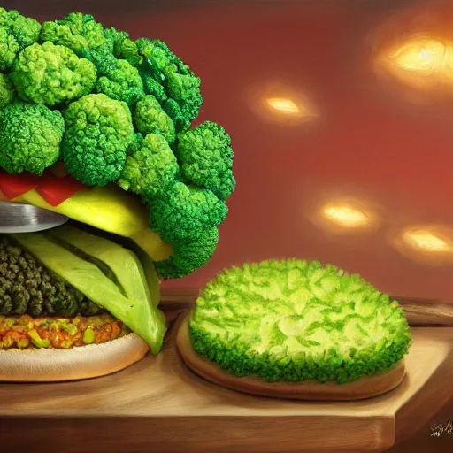 Image similar to a cat man eats a multilayer vegetarian broccoli burger, highly detailed, digital painting, sharp focus, fantasy art