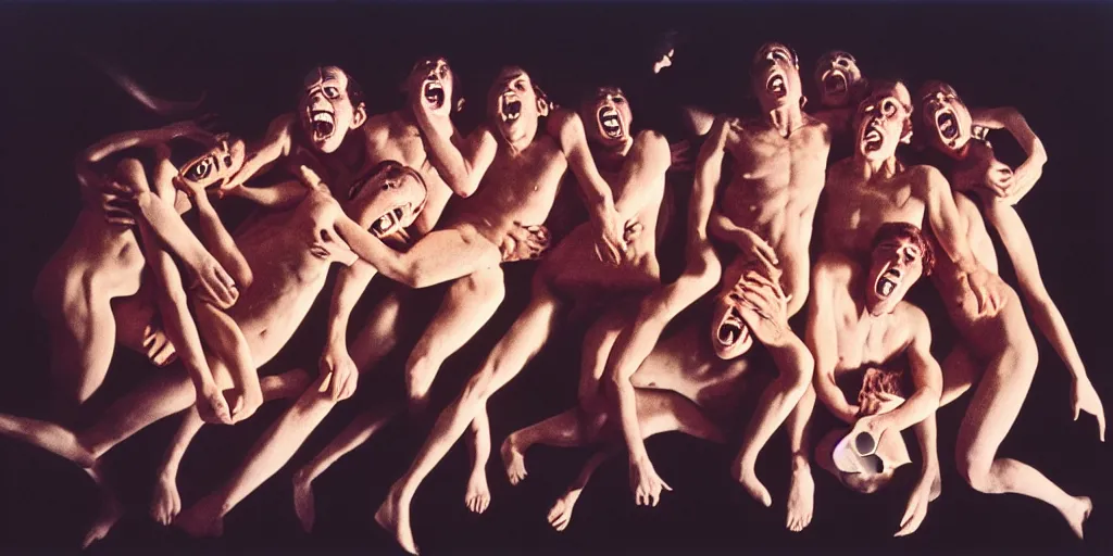 Image similar to full body portrait of people screaming with demons terror fear joy love life light golden hour 1 2 0 mm film highly detailed sharp zeiss lens 1. 8 high contrast chiaroscuro detailed photograph by gottfried helnwein ryan mcginley robert mapplethorpe david armstrong david wojnarowicz