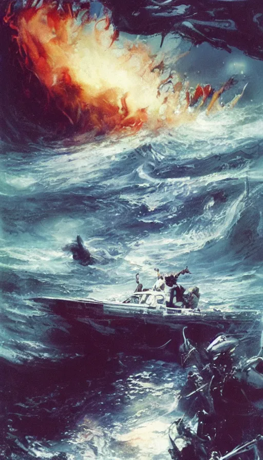 Image similar to man on boat crossing a body of water in hell with creatures in the water, sea of souls, by john berkey