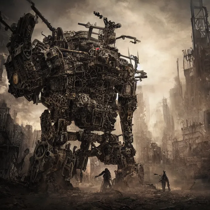 Image similar to gritty apocalyptic scene of human standing next to mech, hyper - detailed, sharp focus, 4 k ultra hd, fantasy dark art, apocalyptic art