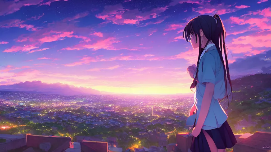 Image similar to a schoolgirl was looking at the city in the distance on the hillside, beautiful and spectacular dusk, sky was half illuminated by the setting sun and half was the beautiful milky way, rich vivid colors, ambient lighting, dynamic lighting, official media, anime key visual, rossdraws, detailed, trending on artstation.