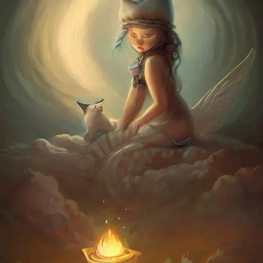 Prompt: cat angel, cute and adorable, pretty, beautiful, fantasy painting, DeviantArt Artstation, by Jason Felix by Steve Argyle by Tyler Jacobson by Peter Mohrbacher, cosy atmoshpere