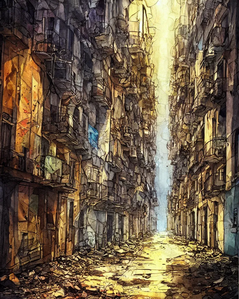 Image similar to abandoned streets of Barcelona, post-apocalyptic painting, cosmic horror