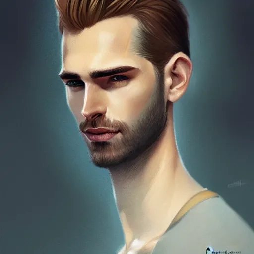 Prompt: tall man in his twenties with brown blond short quiff hair and round facial structure with cleft chin, straight eyebrows, slightly smiling, cheekbones, wide face, shadow of beard, atmospheric lighting, painted, intricate, 4 k, highly detailed by charlie bowater