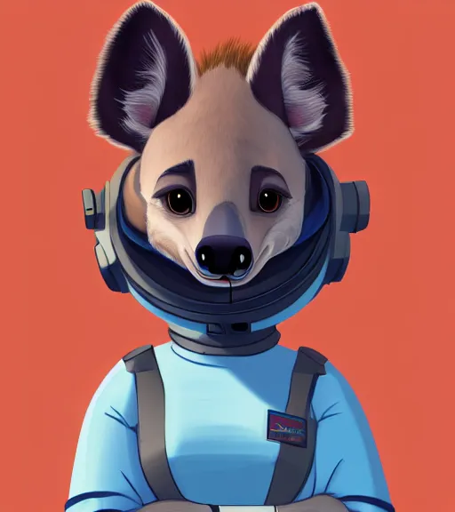 Image similar to digital detailed portrait of anthromorphic female hyena, in style of zootopia, fursona, furry, furaffinity, 4 k, deviantart, wearing astronaut outfit, in style of disney zootopia, floating in space, space background, in deep space, dark background, hyena fursona, cyberpunk, female, detailed face, style of artgerm,