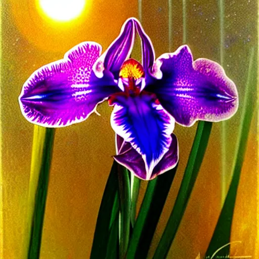 Image similar to holographic orchid iris hybrid flower with lsd dew drops on petals, backlit, sunset, refracted lighting, photorealistic, soft, sharp focus, art by collier, albert aublet, krenz cushart, artem demura, alphonse mucha