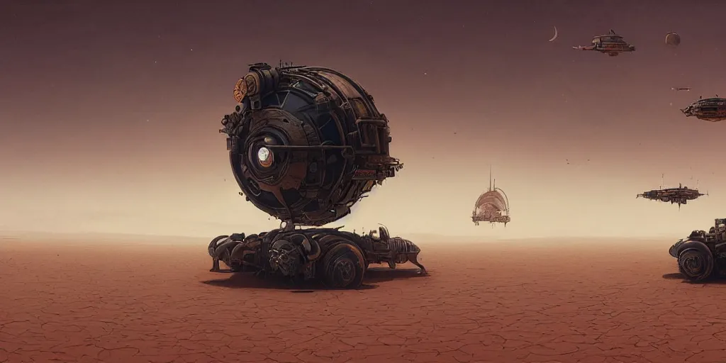 Prompt: steampunk hovercraft speeding across a red desert, greg rutkowski, 8 k, shallow depth of field, intricate detail, concept art,