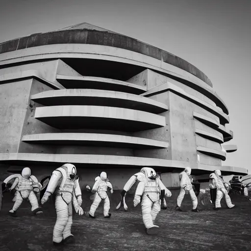 Prompt: year - 2 0 8 0 photo of : a vast retro - futuristic brutalist building on mars, surrounded by citizens in space - suits walking or driving buggies. professional architectural photography.