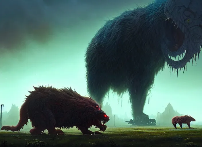 Image similar to giant monstrous aggressive furred creature lurking over a cowering smaller creature, in the foreground a small town, epic science fiction horror digital matte painting by Simon Stalenhag and Mark Brooks (and Greg Rutkowski), extremely detailed, artstation