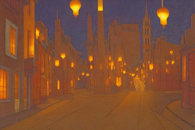 Image similar to winding street at twilight in a very old very beautiful city by George Price Boyce and Nicholas Roerich and jean delville, glowing paper lanterns, strong dramatic cinematic lighting , ornate tiled architecture, lost civilizations, smooth, sharp focus, extremely detailed