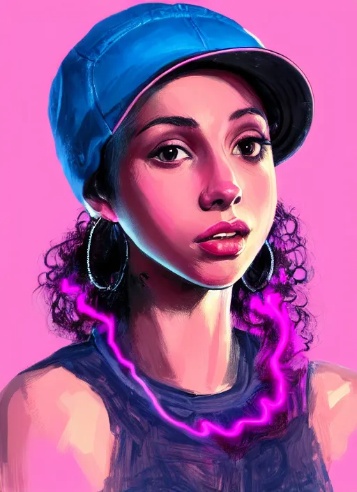 Image similar to portrait of teenage vanessa morgan with bright pink hair, black girl, curly pixie cut hair, wearing newsboy cap, pink short haircut, newsboy cap, hoop earrings, blue eyes, intricate, elegant, glowing lights, highly detailed, digital painting, artstation, concept art, smooth, sharp focus, illustration, art by wlop, mars ravelo and greg rutkowski