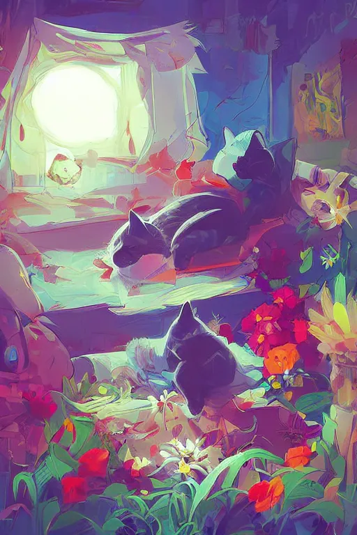 Image similar to a digital art of a cat sleeping in the room with flowers around in the afternoon, the sun shines in, animal, light effect, highly detailed, by anton fadeev