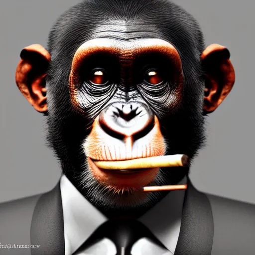 Image similar to a high detail shot of a chimp wearing a suit, smoking a cigar, render, cgsociety, photorealism