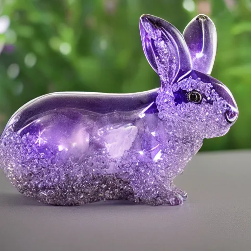 Prompt: photorealistic crystal bunny made of amethyst gems